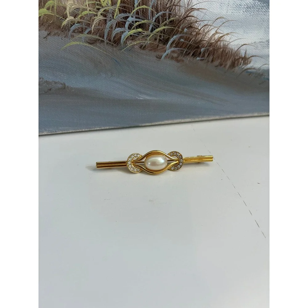 Monet Vintage Gold Tone Faux Pearl Rhinestone Bar Brooch Pin Scroll Design